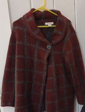 Ellen Tracy Womens 1x Rust Red And Gray Windowpane Shawl-Collar Coat W/ Button